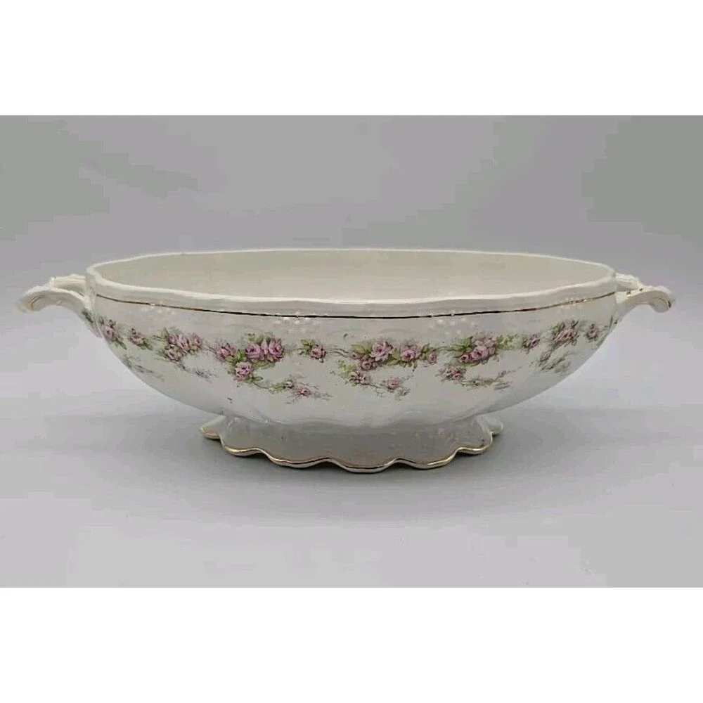 Vintage Dresden Semi Porcelain Two Handle Serving Bowl Rosesand Gold Trimmed